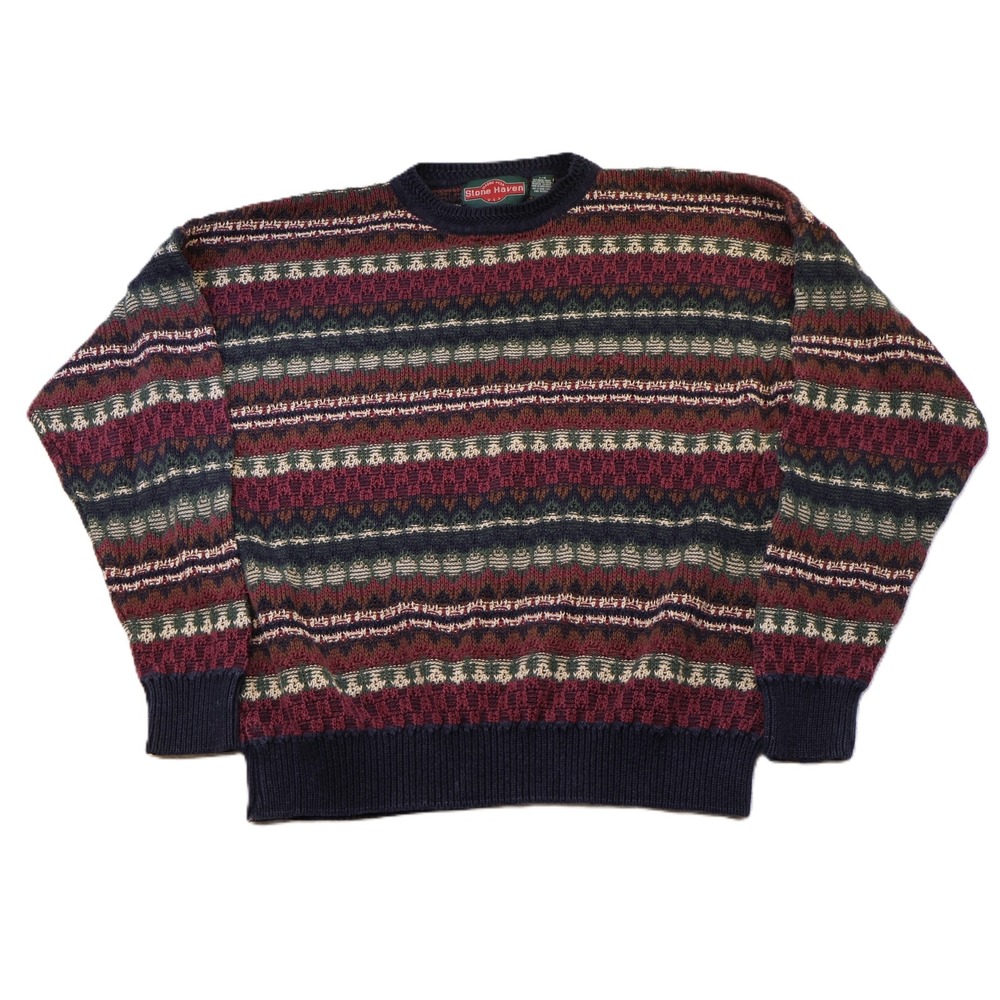 Stone Haven Mens Large Sweater Multi-Color Fair Isle Geometric Ramie Cotton Knit